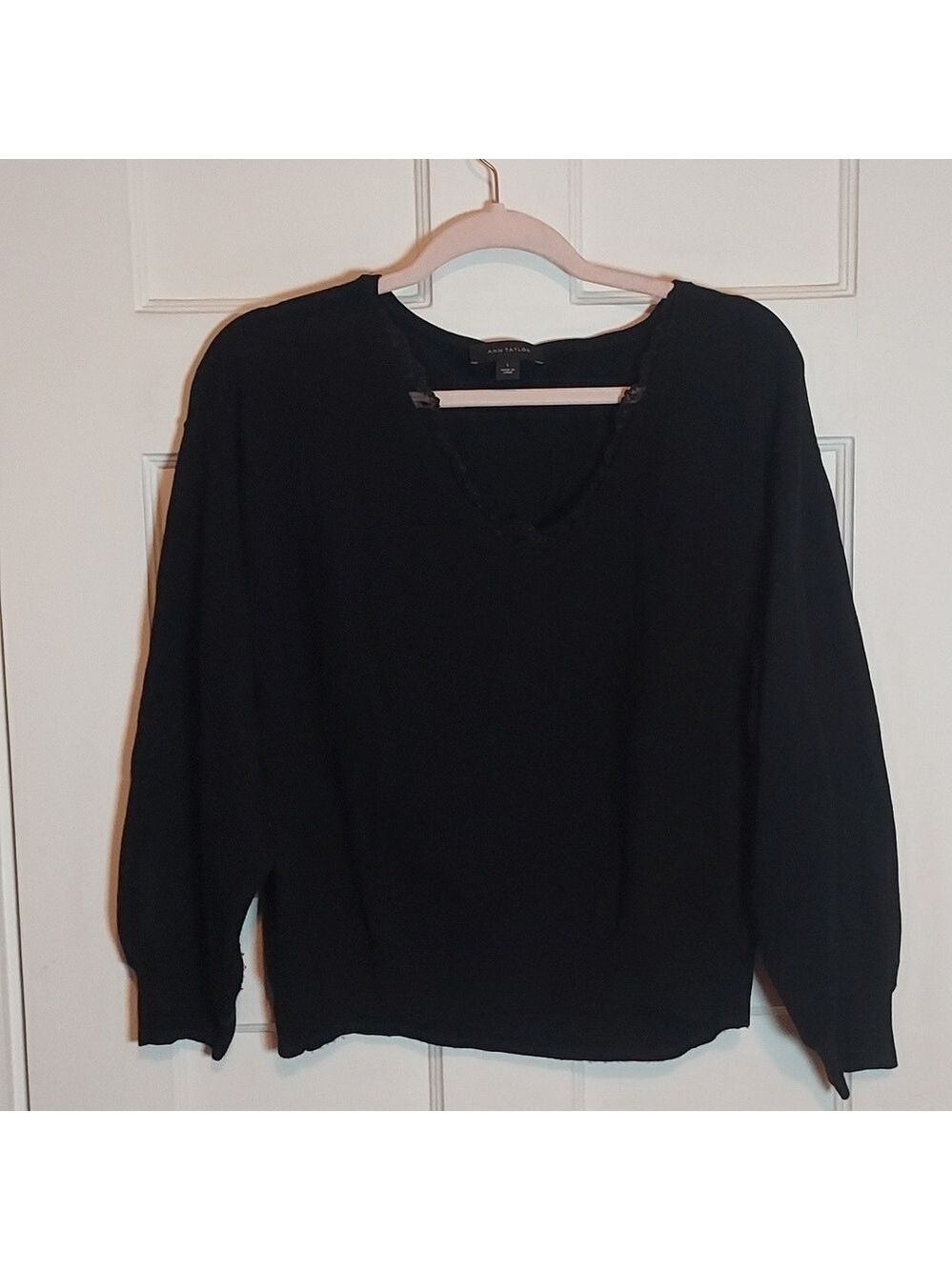 Ann Taylor Lace Detail V Neck Sweater in Black